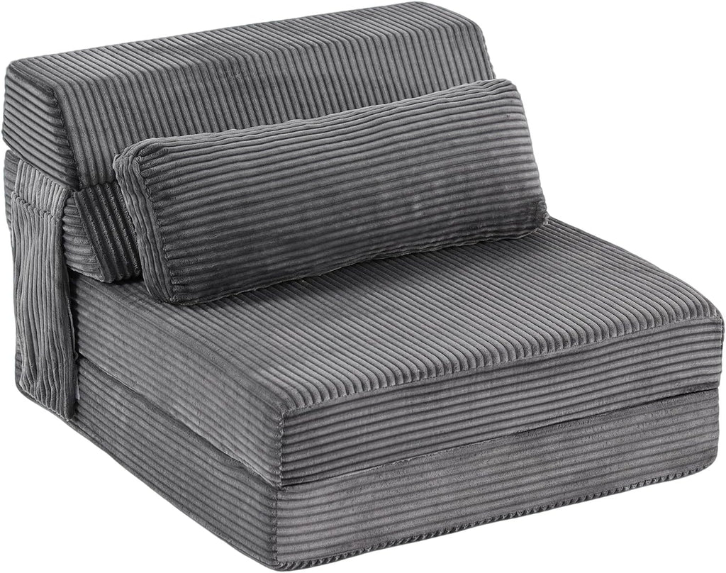 Folding Sofa Bed with Pillow, Convertible Sleeper Chair, Comfy Floor Futon Couch Mattress Lounge Lounge Sofa for Adults Portable Fold Out Chair Bed for Living Room Bedroom, Single, Gray