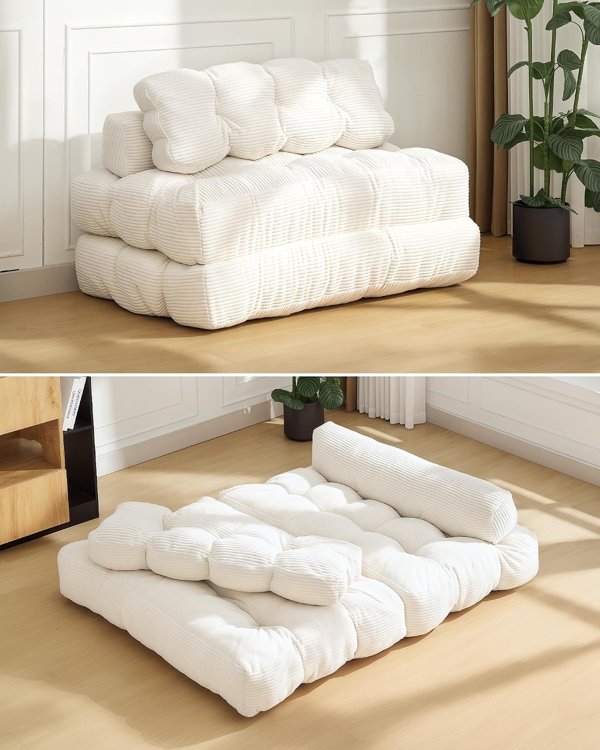 Garvee Folding Sofa Bed, Convertible Sleeper Chair with Pillow Foldable Mattress with Back Support, Boneless Fold Out Chair Bed Comfy Floor Sofa Lounge for Living Room, Bedroom, Beige, Full