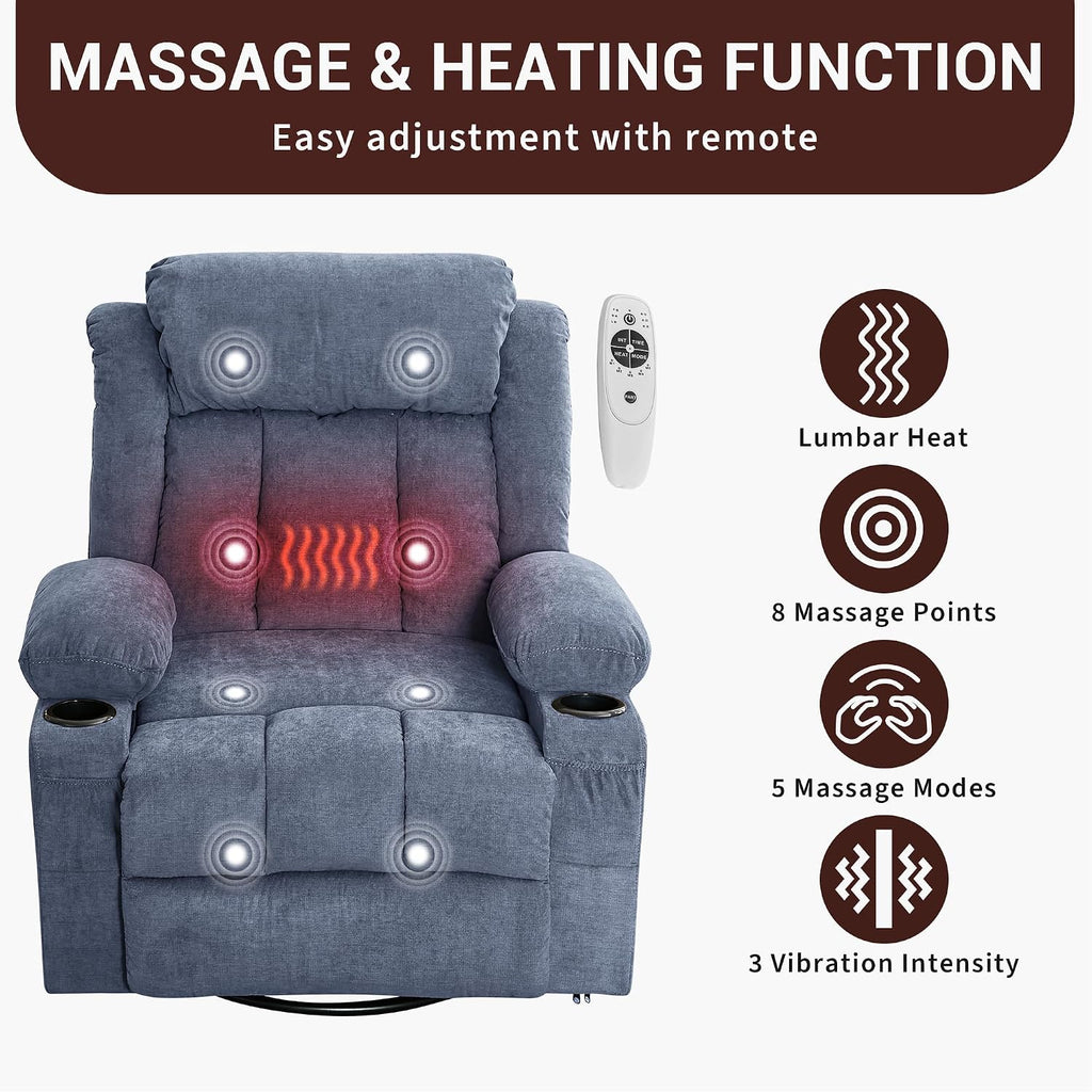 GarveeHome Rocker Swivel Recliner Chair with Heat Massage Large Wide Rocking Lazy Boy Single Sofa Seat with 3 Positions 2 Side Pockets Cup Holders USB Ports Remote Control (Blue)