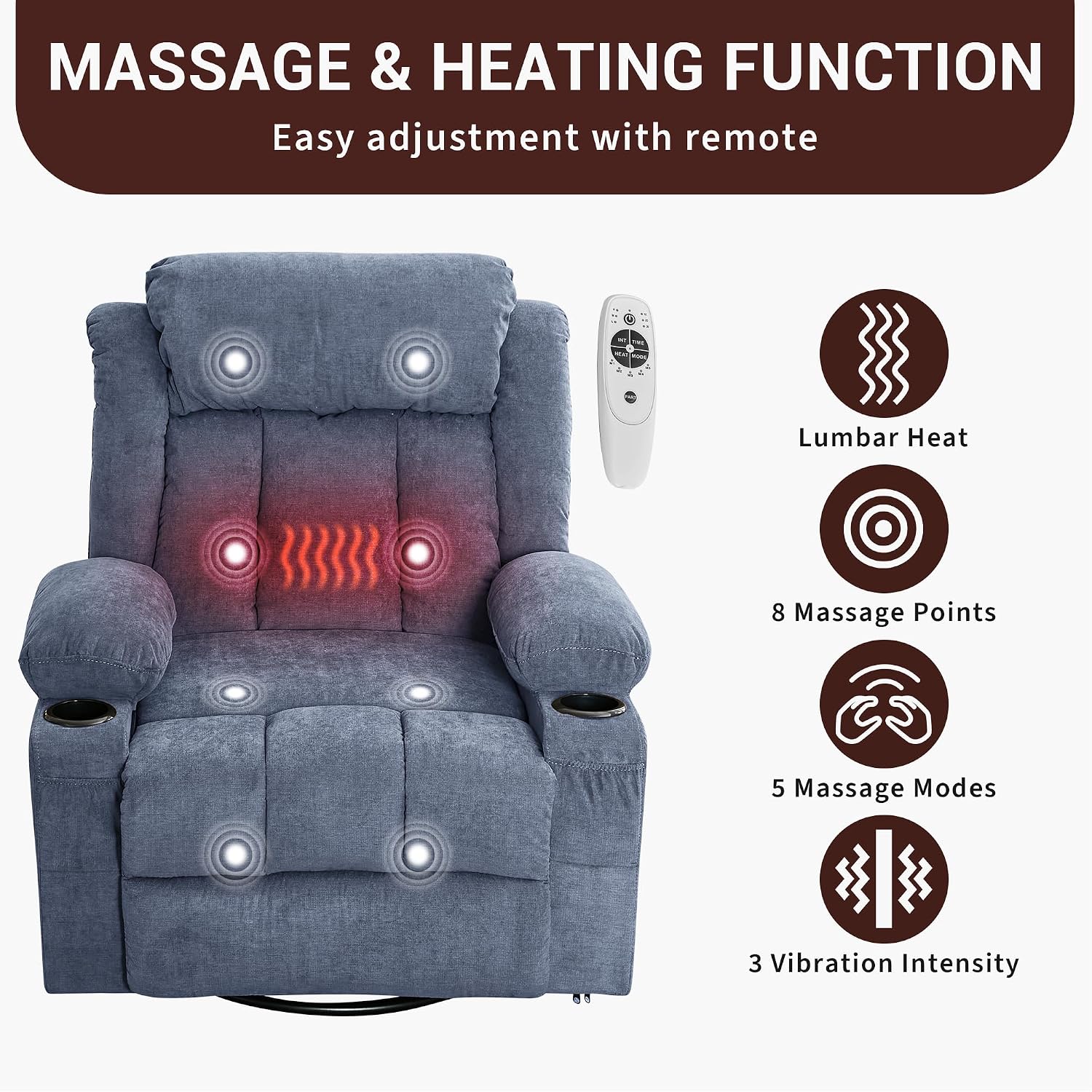 GarveeHome Rocker Swivel Recliner Chair with Heat Massage Large Wide Rocking Lazy Boy Single Sofa Seat with 3 Positions 2 Side Pockets Cup Holders USB Ports Remote Control (Blue)