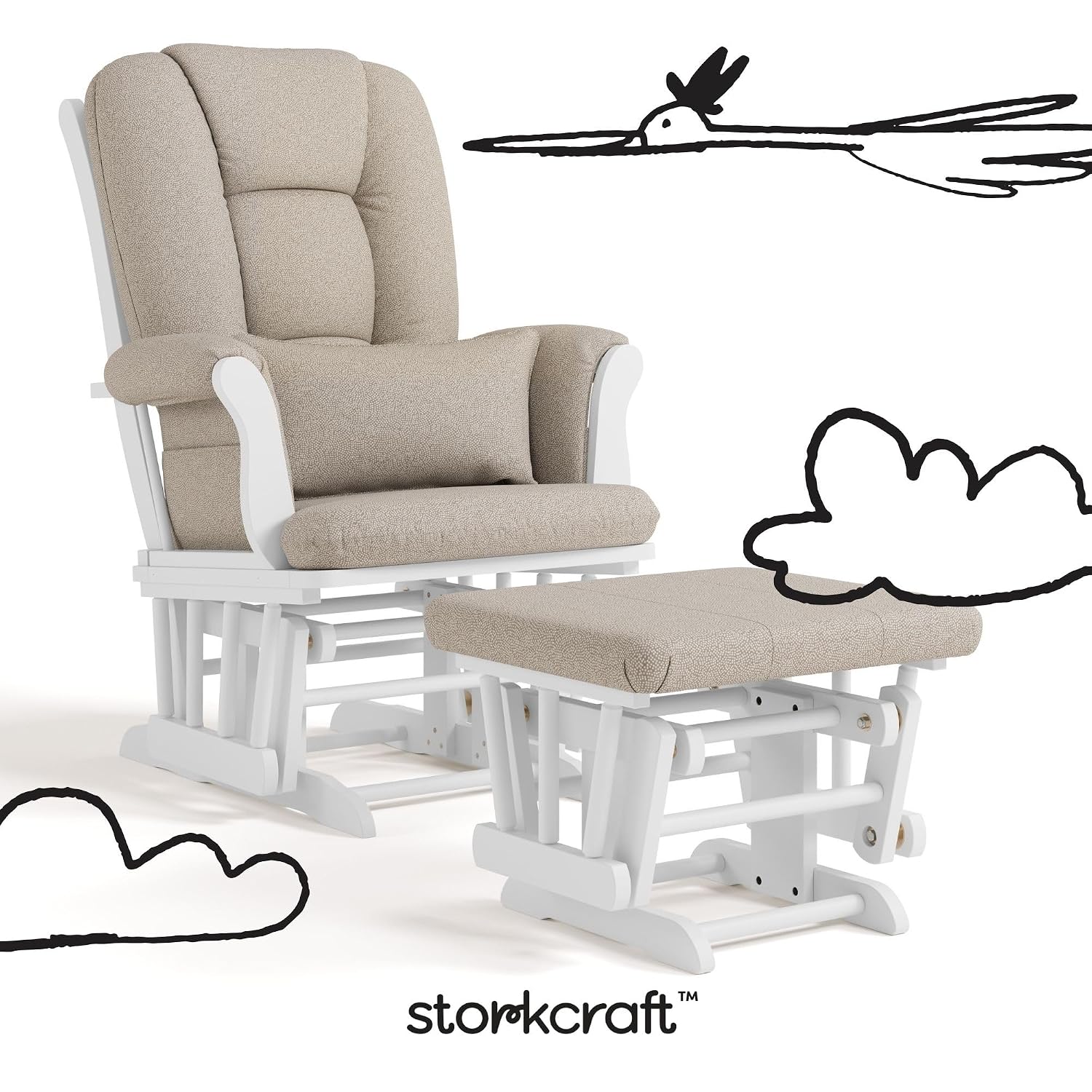 Storkcraft Tuscany Custom Glider and Ottoman with Free Lumbar Pillow (White/Taupe Swirl) - Cleanable Upholstered Comfort Rocking Nursery Chair with Ottoman