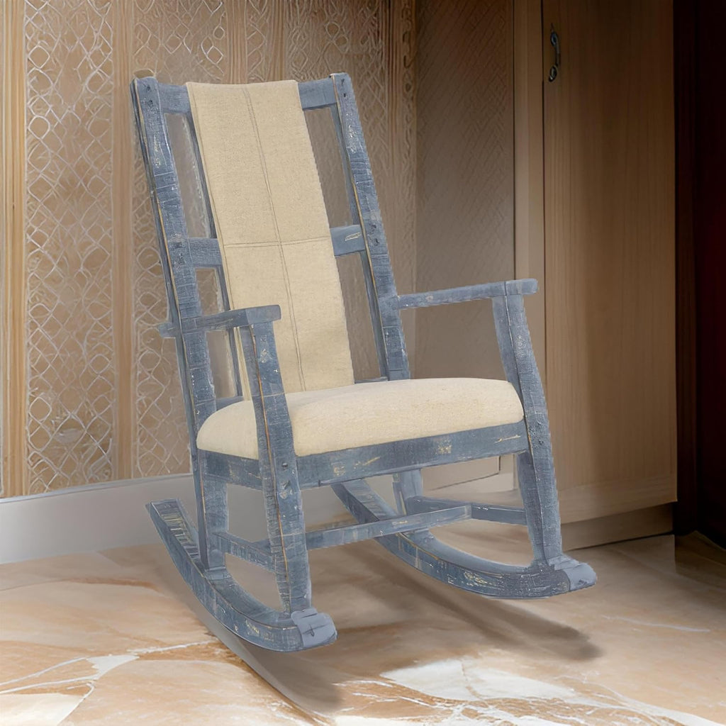 Benzara Rena Rocking Chair- Cushion Seat and Back- Blue Mahogany Mindy Wood