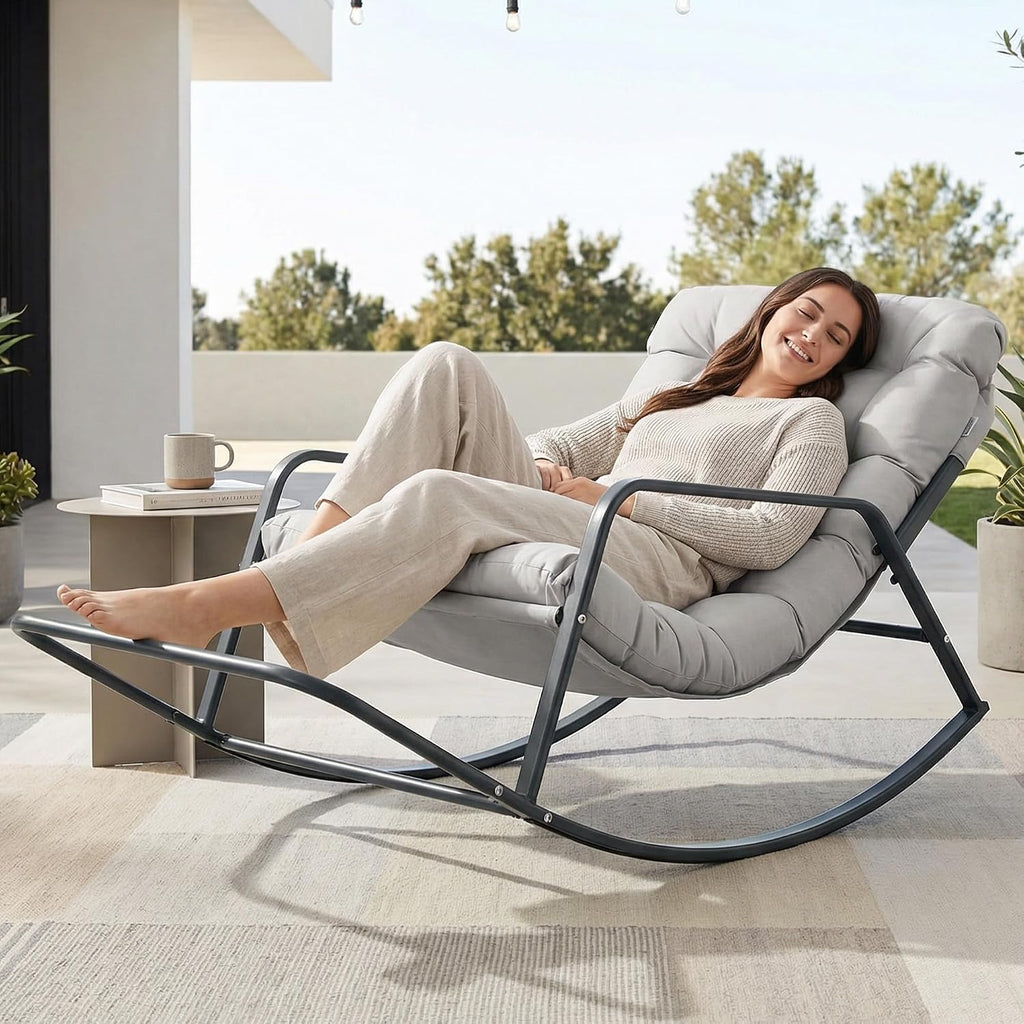 NICESOUL Outdoor Papasan Rocking Chair for Adults with Footrest, Oversized Patio Rocker with Cushion, Heavy Duty Steel Frame, Large Comfortable Rocking Lounge Chair for Backyard Balcony, Grey