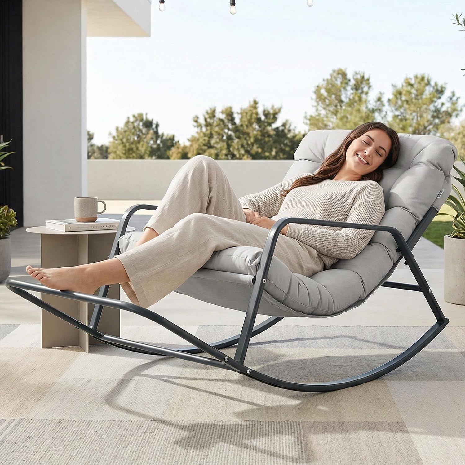 NICESOUL Outdoor Papasan Rocking Chair for Adults with Footrest, Oversized Patio Rocker with Cushion, Heavy Duty Steel Frame, Large Comfortable Rocking Lounge Chair for Backyard Balcony, Grey
