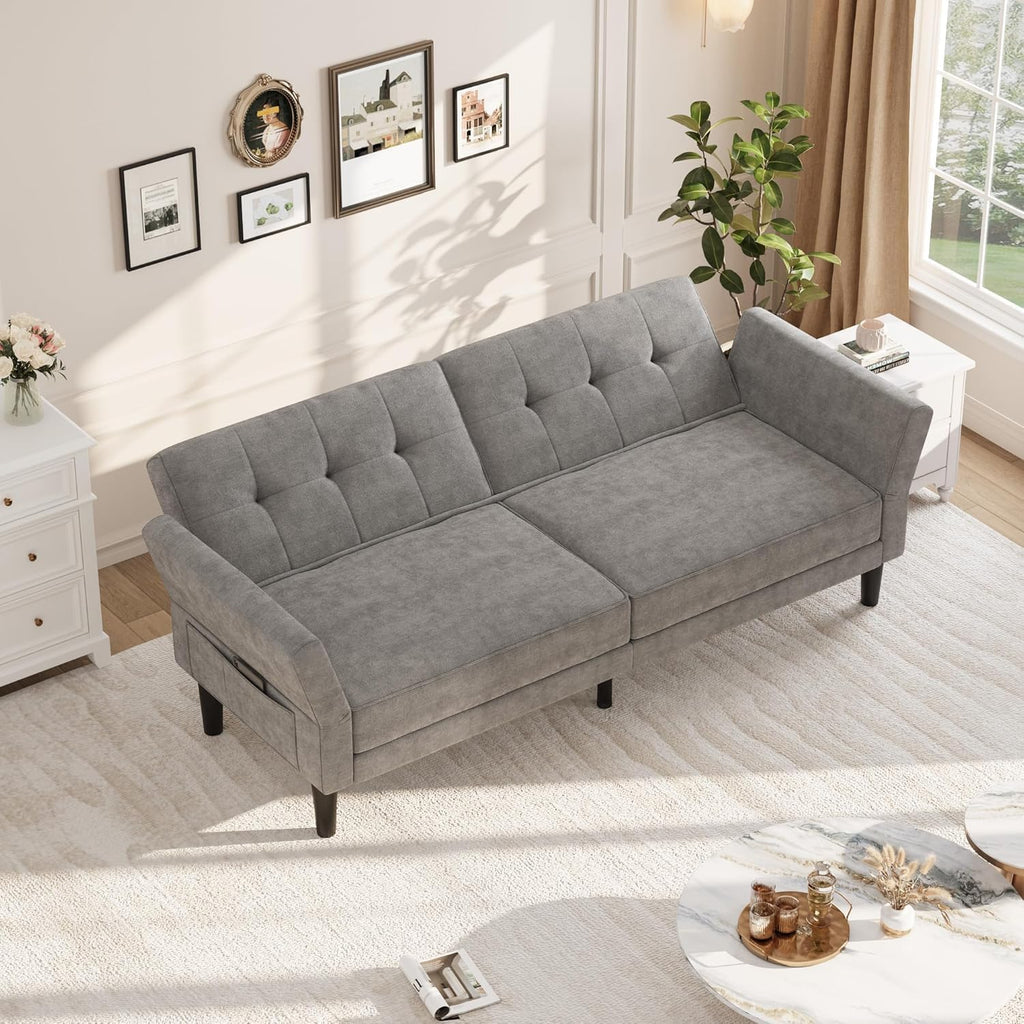 GarveeHome 89' Futon Sofa Bed, Convertible Sleeper Sofa with Adjustable Backrest & Armrest, Modern Futon Couch Bed, Loveseat Sleeper for Living Room Bedroom Apartments, Grey