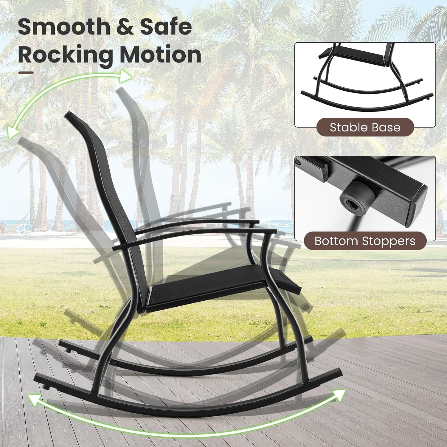 Tangkula Patio Rocking Chairs Set of 2, Outdoor Rocking Chair with Smooth & Safe Rocking Motion, Ergonomic Backrest, Breathable Fabric, All-Weather Outdoor Rocker for Backyard, Poolside (1,Black)