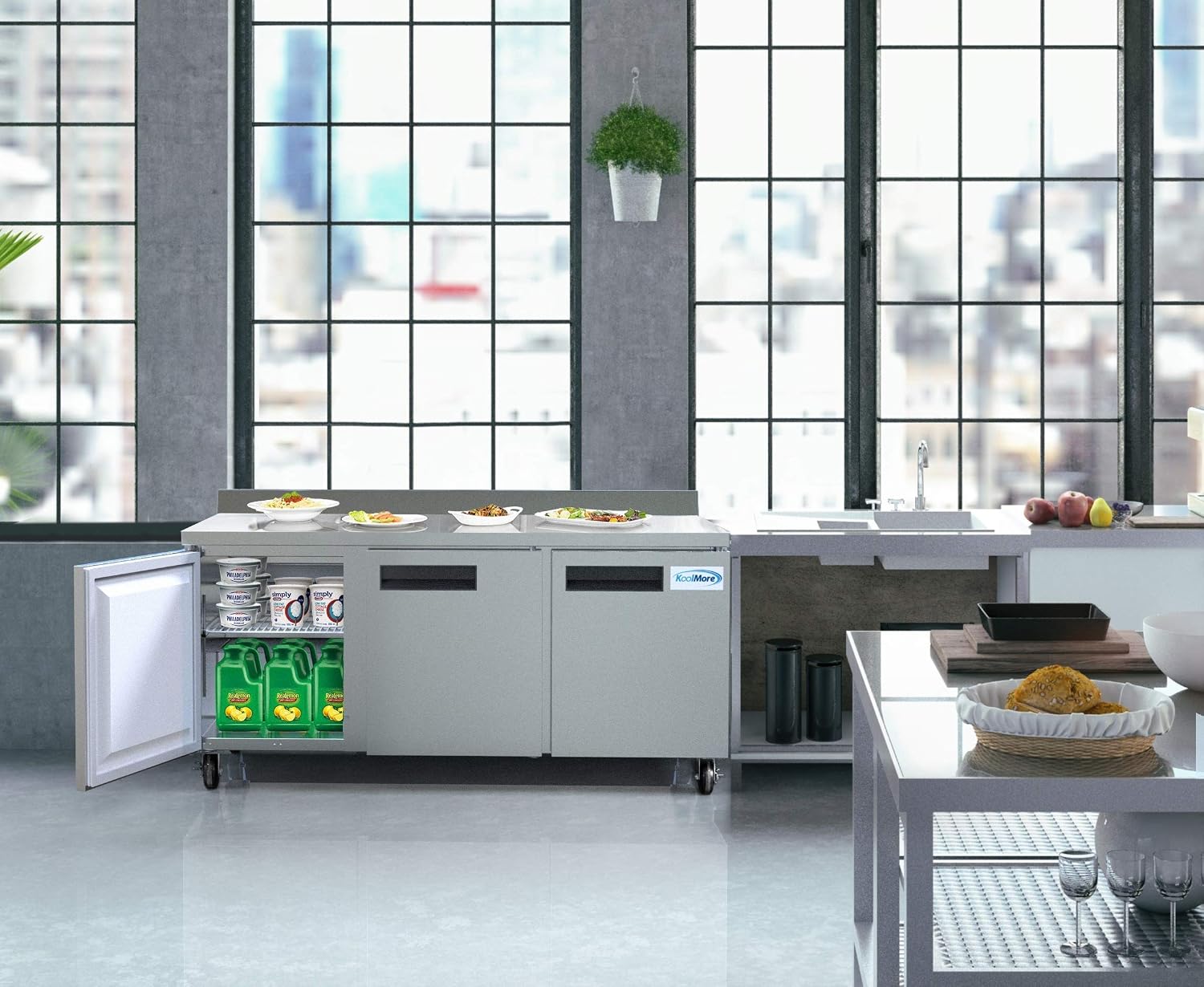 KoolMore 72' Stainless Steel 3 Door Worktop Commercial Refrigerator with 3 1/2 Backsplash - 16.9 cu.ft, Model: RWT-3D-16C