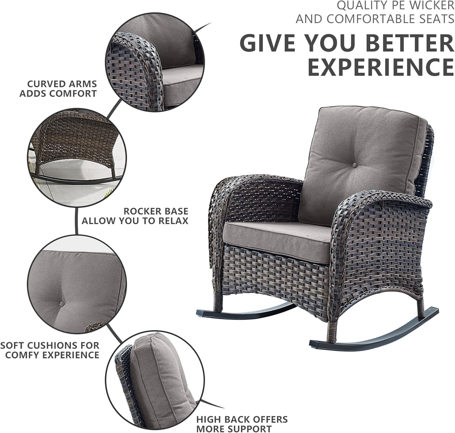 Belord Patio Rocking Chairs Furniture Set - 5 Piece Outdoor Wicker Furniture Sets with Ottomans, Small Patio Conversation Sets with Wicker Rocking Chairs Brown/Grey