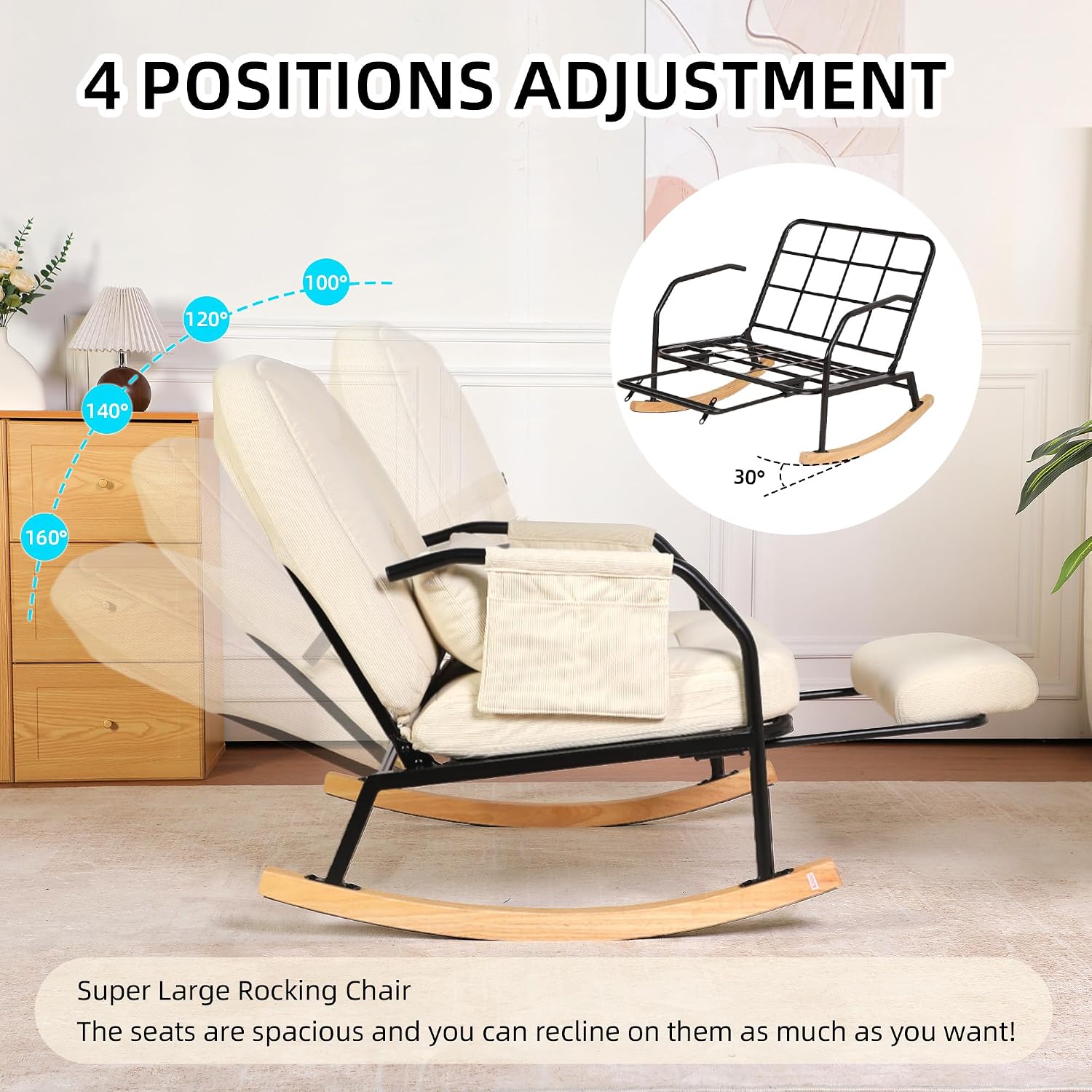 Oversized Rocking Chair, Extra-Wide Glider Patio Rocker Chairs with Foot Rest, Padded Cushion, Adjustable Backrest, Mental Wooden Farm, Indoor/Outdoor Living Room Bedroom Balcony Porch, Beige