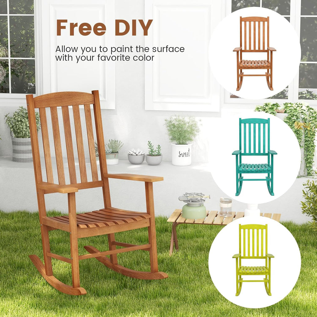 Tangkula Patio Rocking Chair with 400 lbs Weight Capacity, Eucalyptus Wood Porch Rocker with High Back, Patio Rocker Chair for Indoor and Outdoor Use (2)