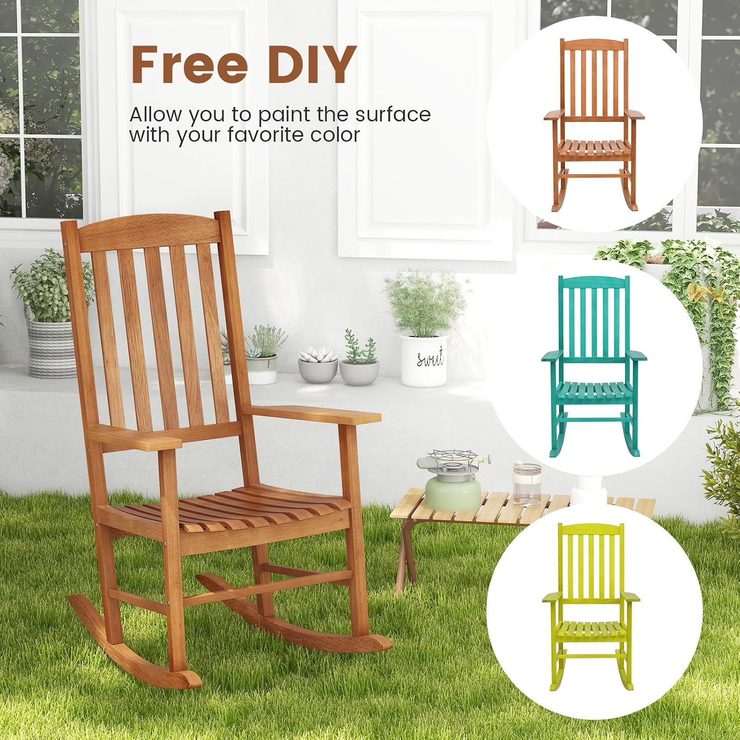 Tangkula Patio Rocking Chair with 400 lbs Weight Capacity, Eucalyptus Wood Porch Rocker with High Back, Patio Rocker Chair for Indoor and Outdoor Use (2)