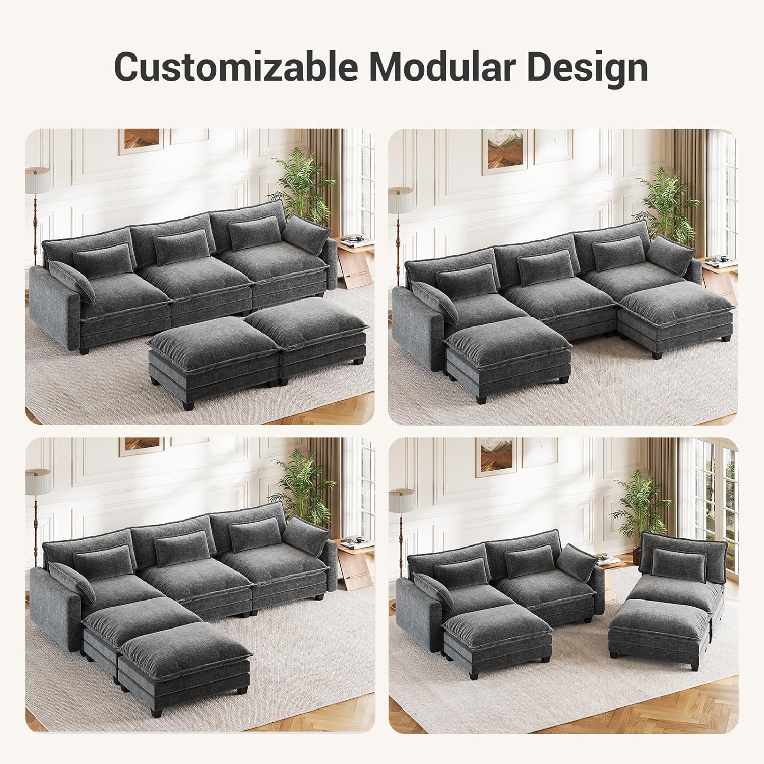 Pipishell 110.6' Modular Sectional Sofa, U Shaped Cloud Couch with Movable Ottoman, 5-Seat Chenille Deep Seat Cloud Modular Sectional Sofa with Throw Pillows for Living Room & Apartment, Grey