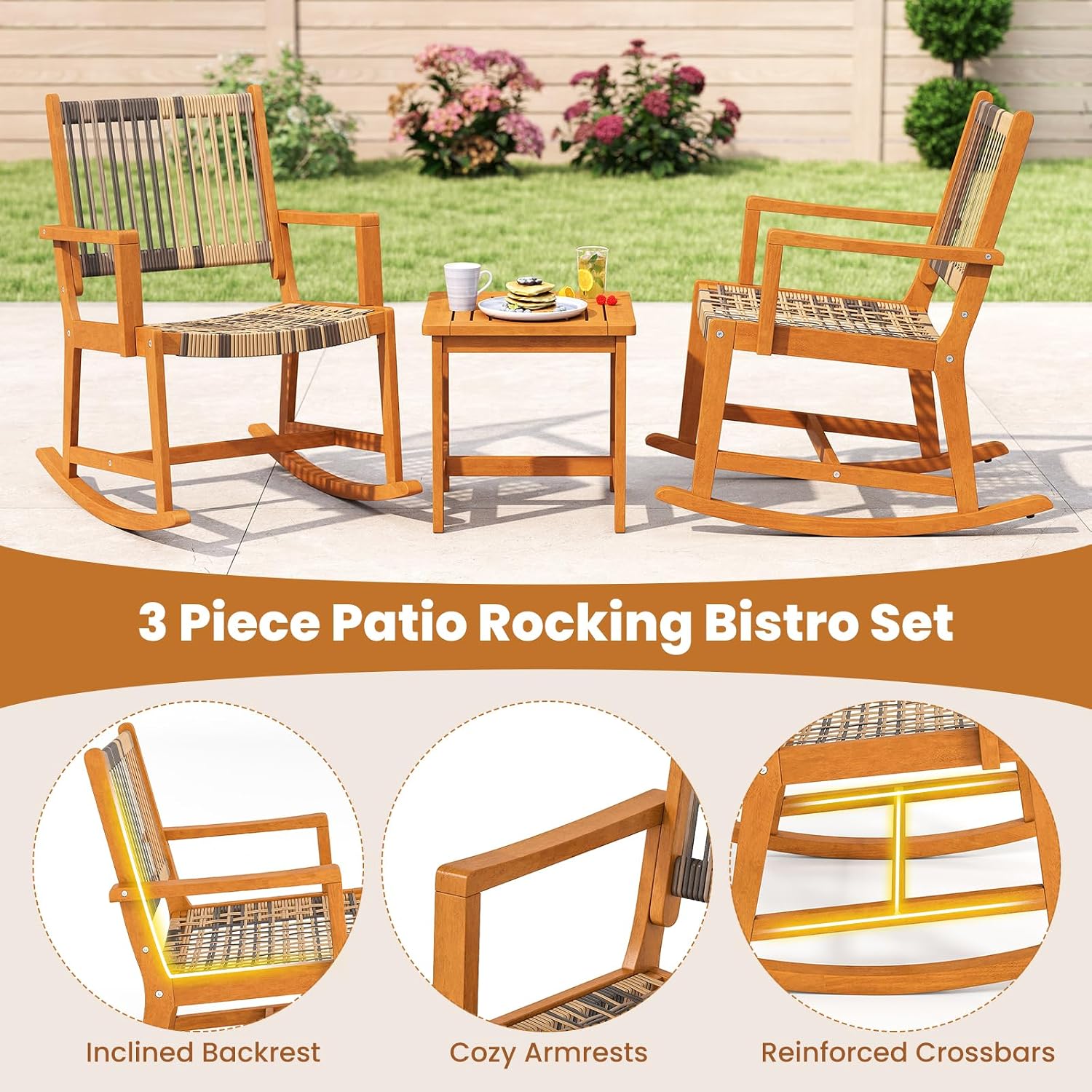 Tangkula 3 Piece Patio Rocking Set, Acacia Wood Rocker Bistro Set w/Rattan Seat & Back, 2 Outdoor Armchairs w/Square Side Table for Porch, Balcony, Backyard
