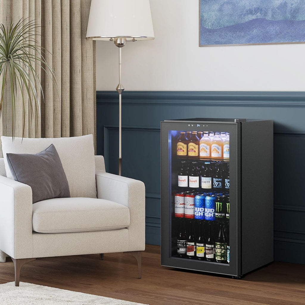 Yeego Beverage Refrigerator, 130-Can Mini Fridge with Glass Door, Adjustable Shelves & Digital Temperature Control for Soda, Beer, and Wine – Suitable for Home or Office Use