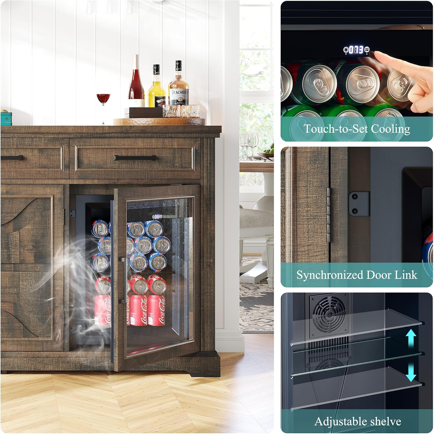 LUXOAK 60' Farmhouse Coffee Bar Cabinet with Mini Fridge Space, Wine Bar Cabinet with Drawers & Shelves, Buffet Sideboard Table for Home, Dining Room, Living Room, Brown