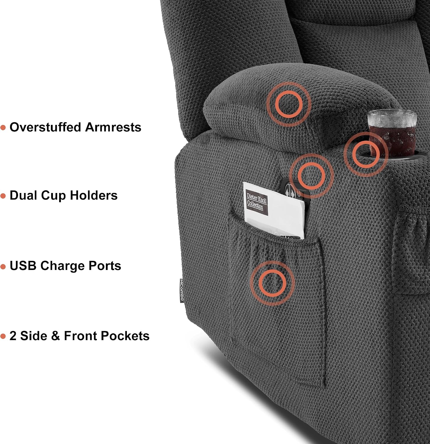 MCombo Zero Gravity 3 Seater Power Reclining Sofa with Console, Heat and Vibration Massage, Recliner Couch for Living Room, Fabric 6035SET (Grey, 3 Seater with Console)