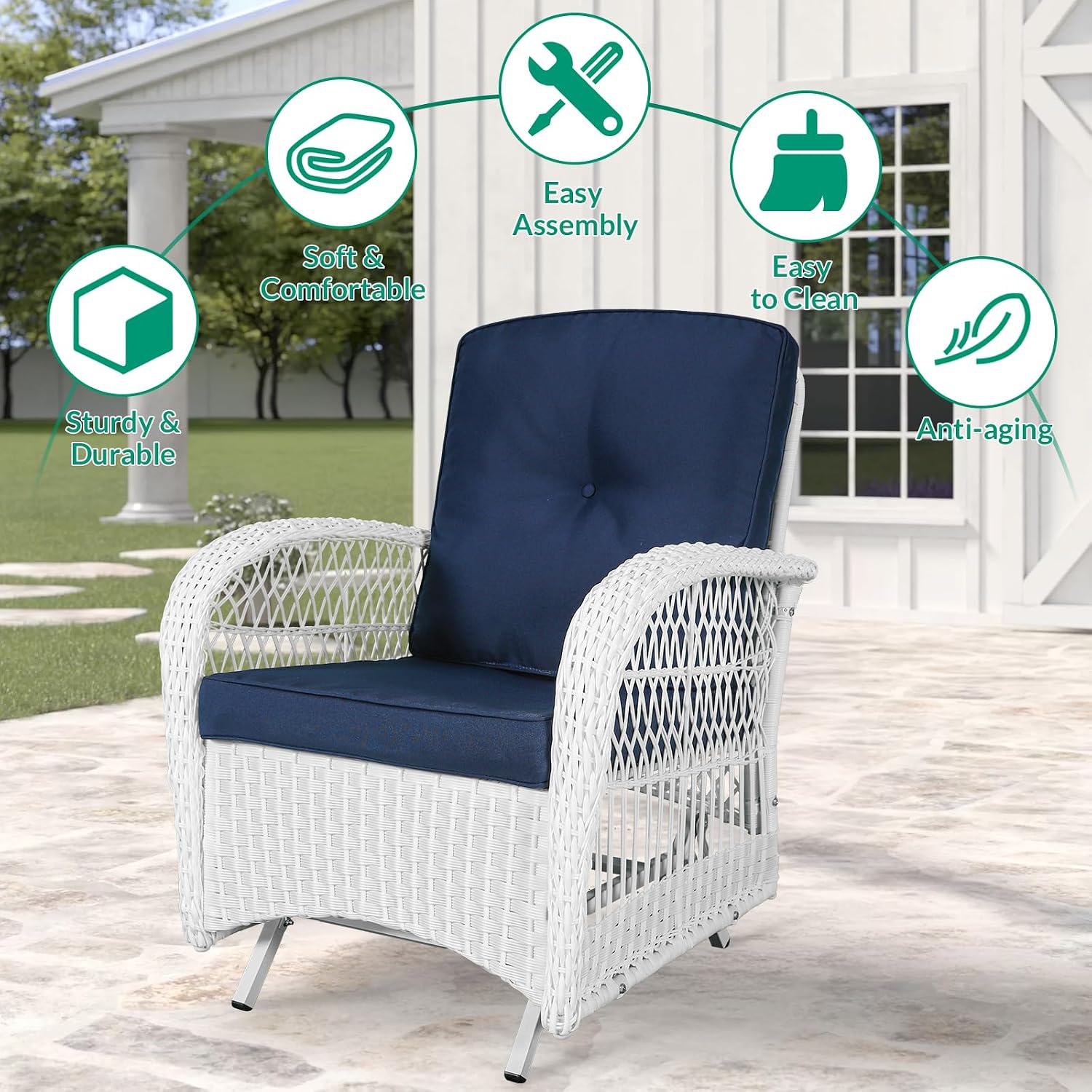 VIVIJASON 2-Piece Outdoor White Wicker Glider Rocking Chair, Patio Rattan Swing Glider Chairs with Cushions & Steel Frame, All-Weather Gliding Lawn Wicker Furniture for Garden Backyard, Navy Blue