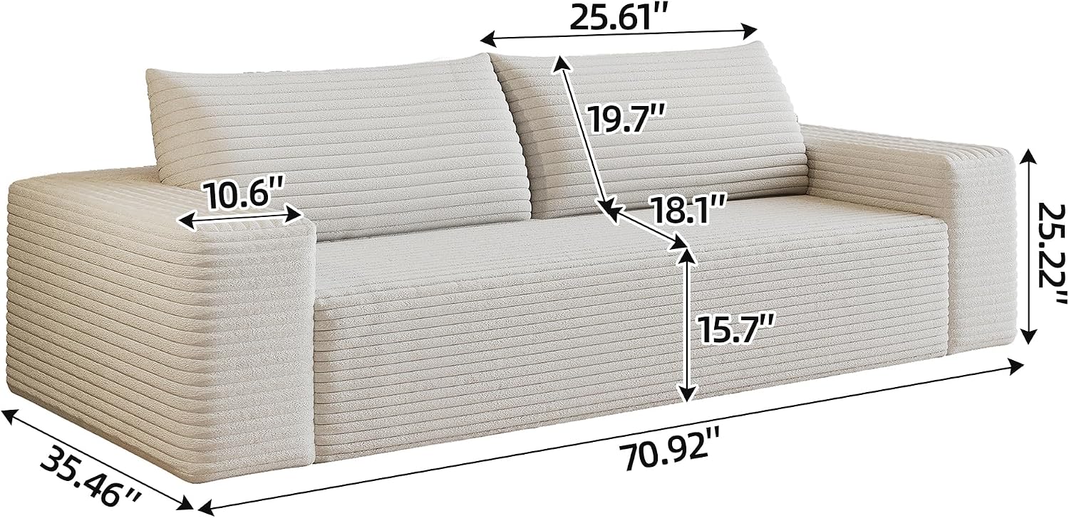 Ball & Cast 71' Cloud Loveseat Sofa No Assembly Required Comfy Deep Seat Couch with Pillows,Corduroy Fabric,1 pcs for Living Room, Bedroom,Apartment,White