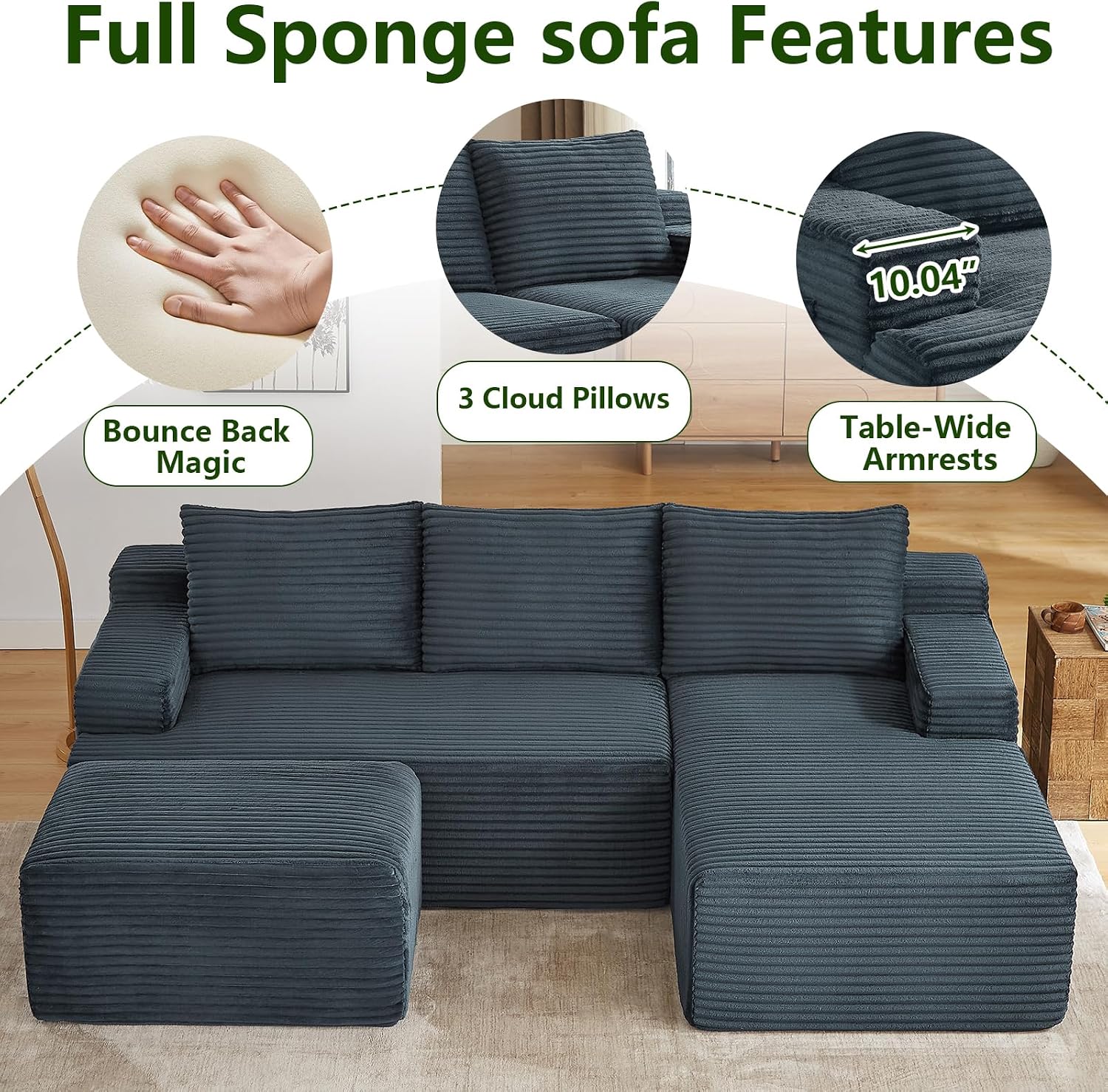 96.1' Modular Sectional Sofa with Ottoman, Modern Corduroy Cloud Couch, Boneless Couch Upholstered 3-Seater U-Shaped Sofa for Living Room, No Assembly (Dark Grey, Right-Facing Chaise)