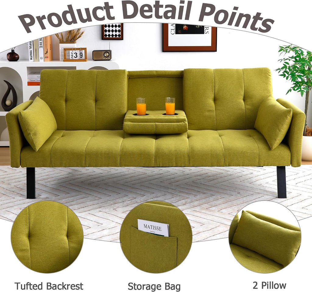 70' Futon Sofa with Cupholders,Adjustable Backrest Cotton Linen with Cup Holders and 2 Throw Pillows Sleeper Sofa for Living Room Apartment Small Space (Grass Green)