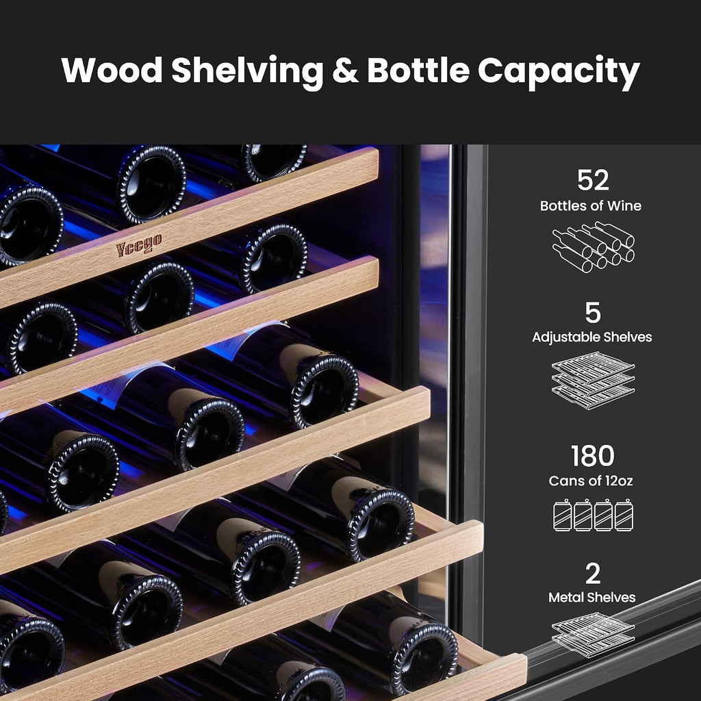 Yeego 48 inch Wine & Beverage Fridge Combo - Wine Cooler with Glass Doors, Hold 47 Bottles and 180 Cans, Built-in, Under Counter & Freestanding, Ideal for Bars, Offices, Restaurants