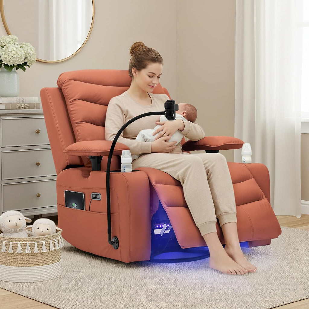 Olela Power Glider Recliner Nursery Chair, PU Leather Swivel Rocking Chair with Electric Lumbar Support, USB Charging, Smart Cup Holder, Light, Adjustable Armrest, Wireless Phone Charger Holder