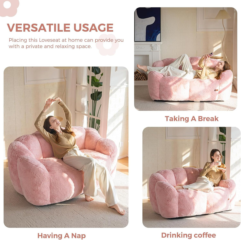 MAXYOYO Bean Bag Chair for Adults, Loveseat Floral Shaped Bean Bag Sofa, Ultra Soft Love Seat Mini Sofa Couch, Faux Fur Reading Chair for Living Room Bedroom, Pink