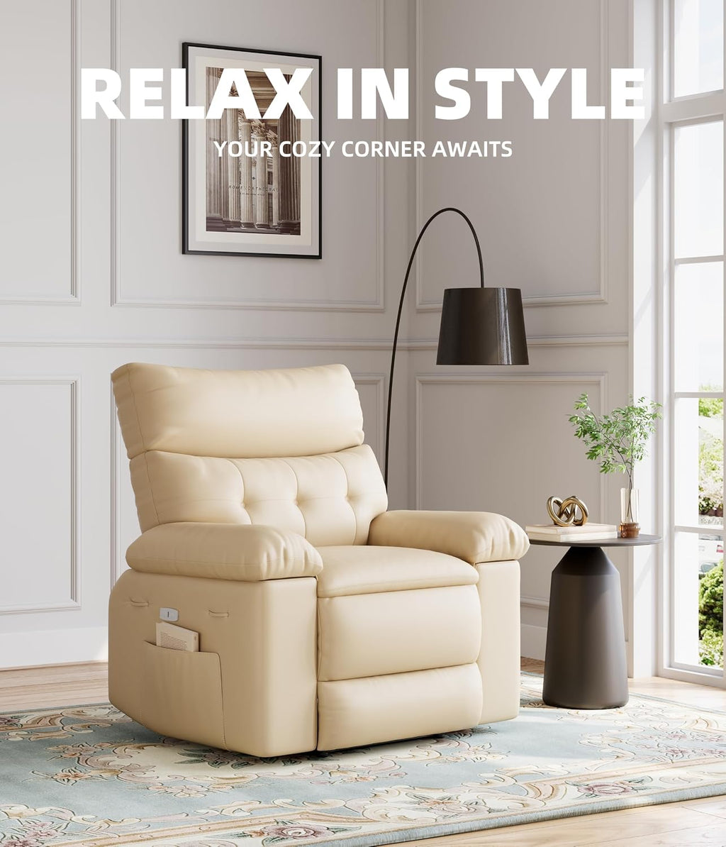 Oversized Recliner Chair with Heating & Massage, XL Faux Leather Nursery Rocking Chairs for Adults with Cup Holder and Side Pockets, Swivel Chair for Living Room, Bedroom Beige