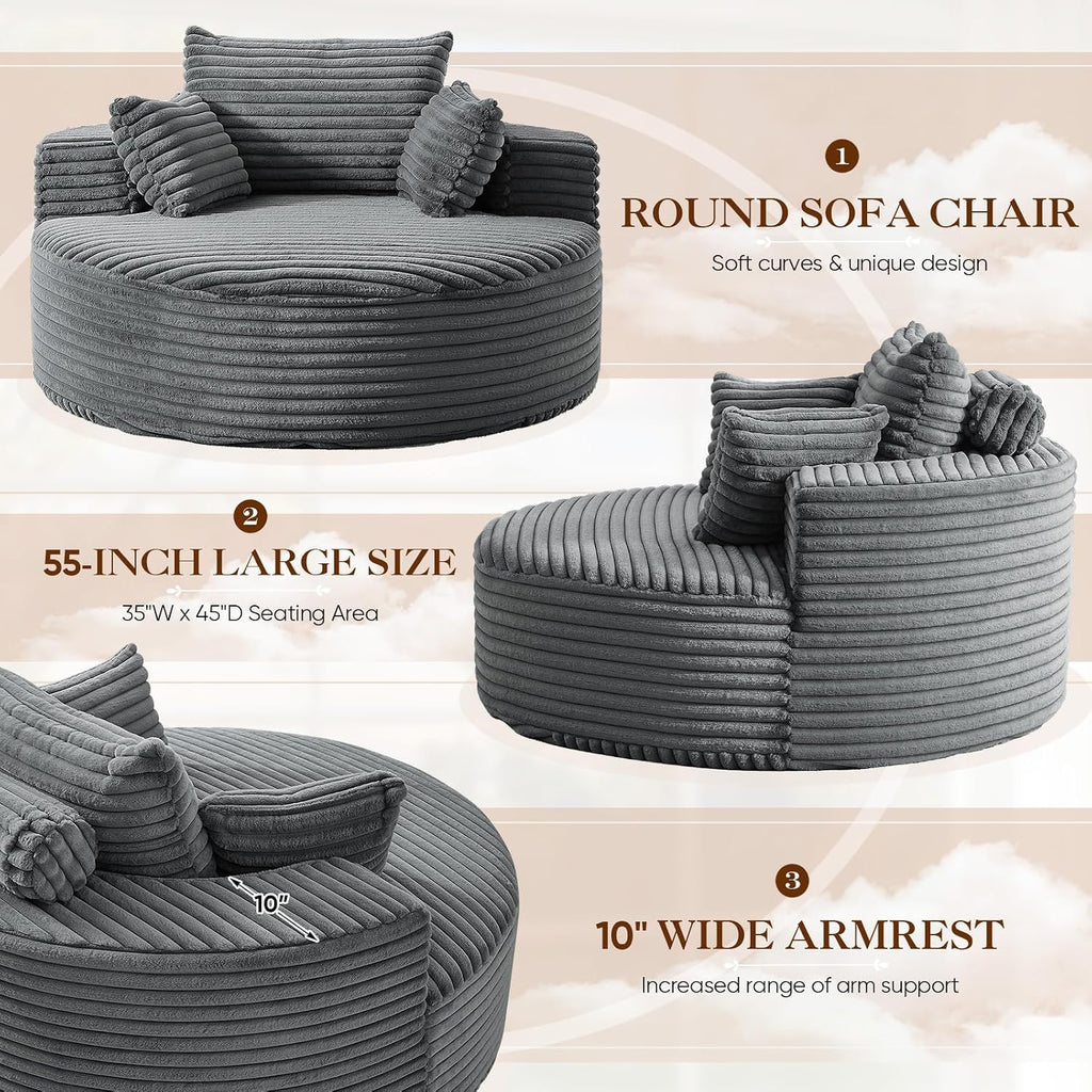 Oversized Round Chaise Longue Chair Indoor, Modern 55-inch Upholstered Corduroy Deep Seat Circle Single Cloud Lounge Floor Sofa Chair for Living Room, Bedroom Apartment, Grey