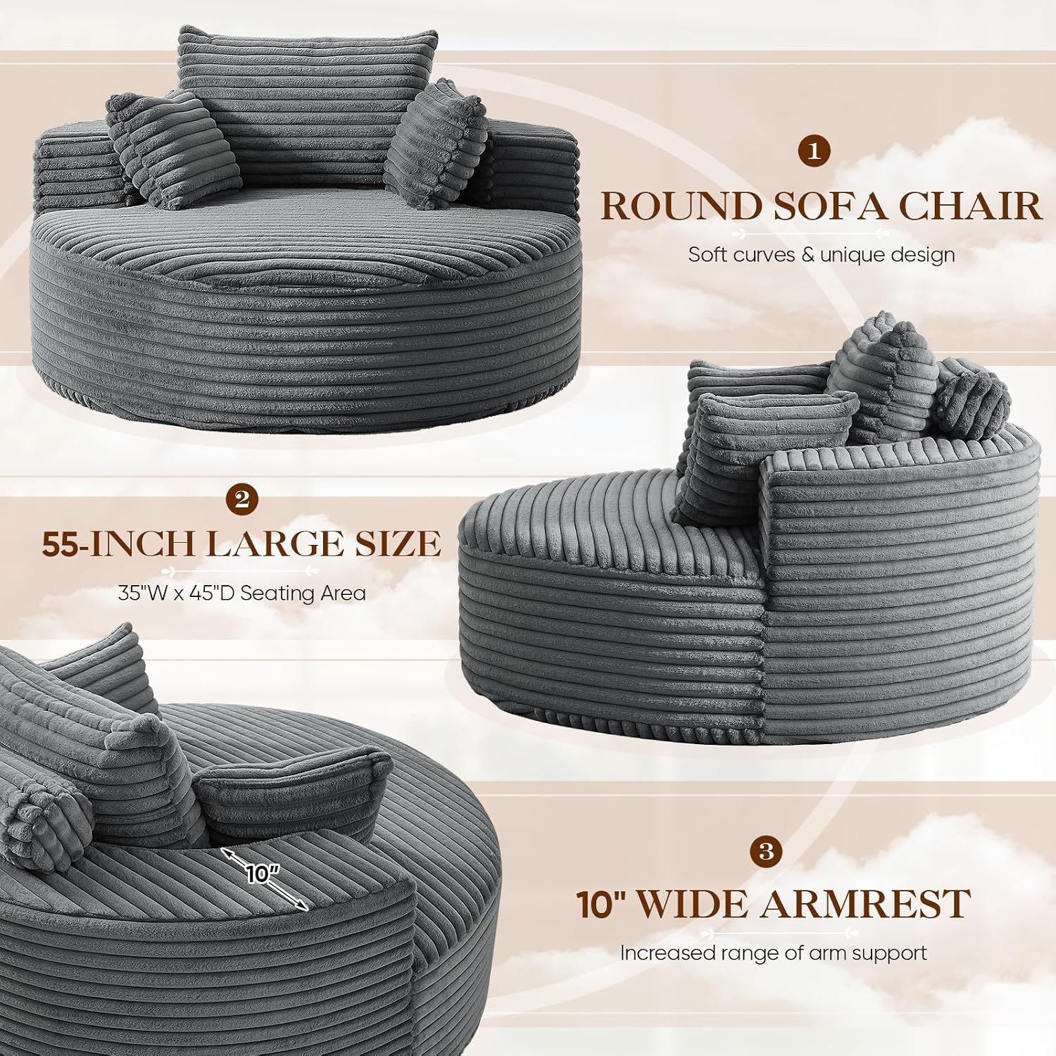 Oversized Round Chaise Longue Chair Indoor, Modern 55-inch Upholstered Corduroy Deep Seat Circle Single Cloud Lounge Floor Sofa Chair for Living Room, Bedroom Apartment, Grey