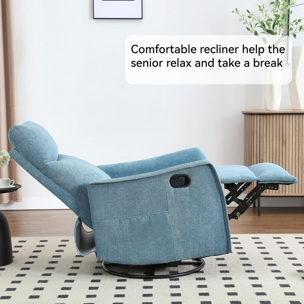 Anwick 360° Swivel Rocker Recliner Chair with Heat and Massage, Manual Upholstered Recliner for Small Spaces, Fabric Glider Nursery Chair with Side Pockets for Living Room (Blue)