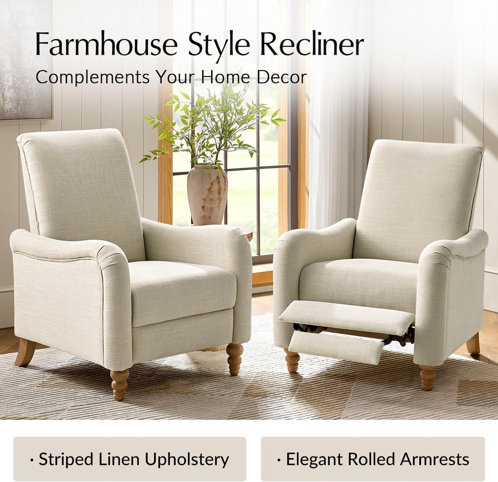 HULALA HOME Farmhouse Recliner Chairs Set of 2 with Solid Wood Spindle Legs, Curved Push Back Recliner Armchairs with Adjustable Backrest & Footrest, Comfy High Back Lazyboy Single Sofas, Linen