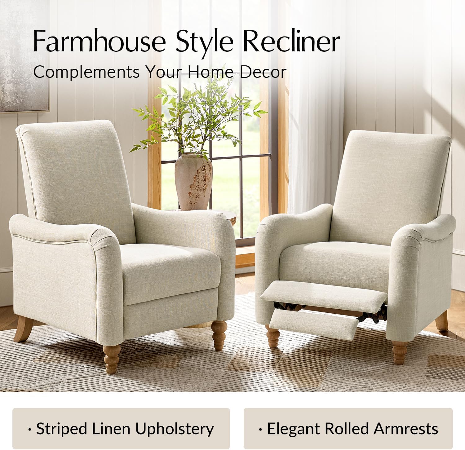 HULALA HOME Farmhouse Recliner Chairs Set of 2 with Solid Wood Spindle Legs, Curved Push Back Recliner Armchairs with Adjustable Backrest & Footrest, Comfy High Back Lazyboy Single Sofas, Linen