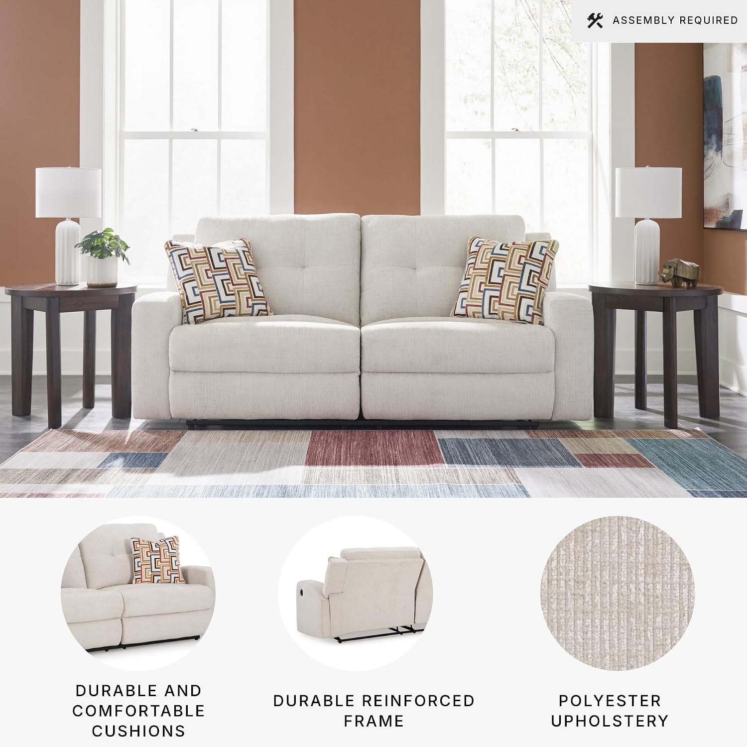 Signature Design by Ashley Danum Modern Tufted Manual Reclining Sofa with 2 Accent Pillows, Beige