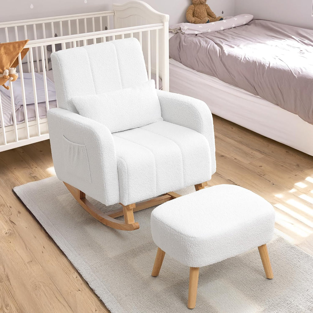HCHAIRH Rocking Chair with Ottoman, Upholstered Glider Rocker with High Backrest and Side Pocket, Comfy Reading Chair with Solid Wood Legs for Nursery, Living Room,Bedroom White