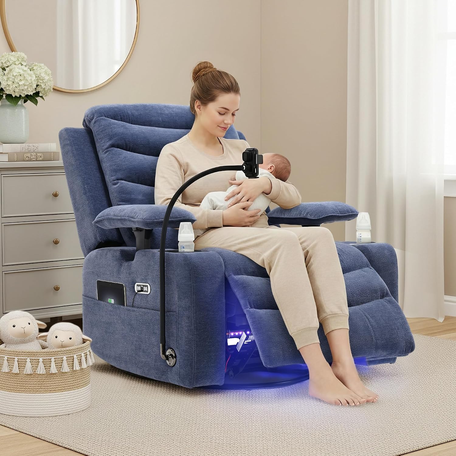 Olela Power Glider Recliner Nursery Chair, Swivel Rocking Chair with Electric Lumbar Support, USB Charging, Smart Cup Holder, Light, Adjustable Armrest, Wireless Phone Charger Holder, Chenille