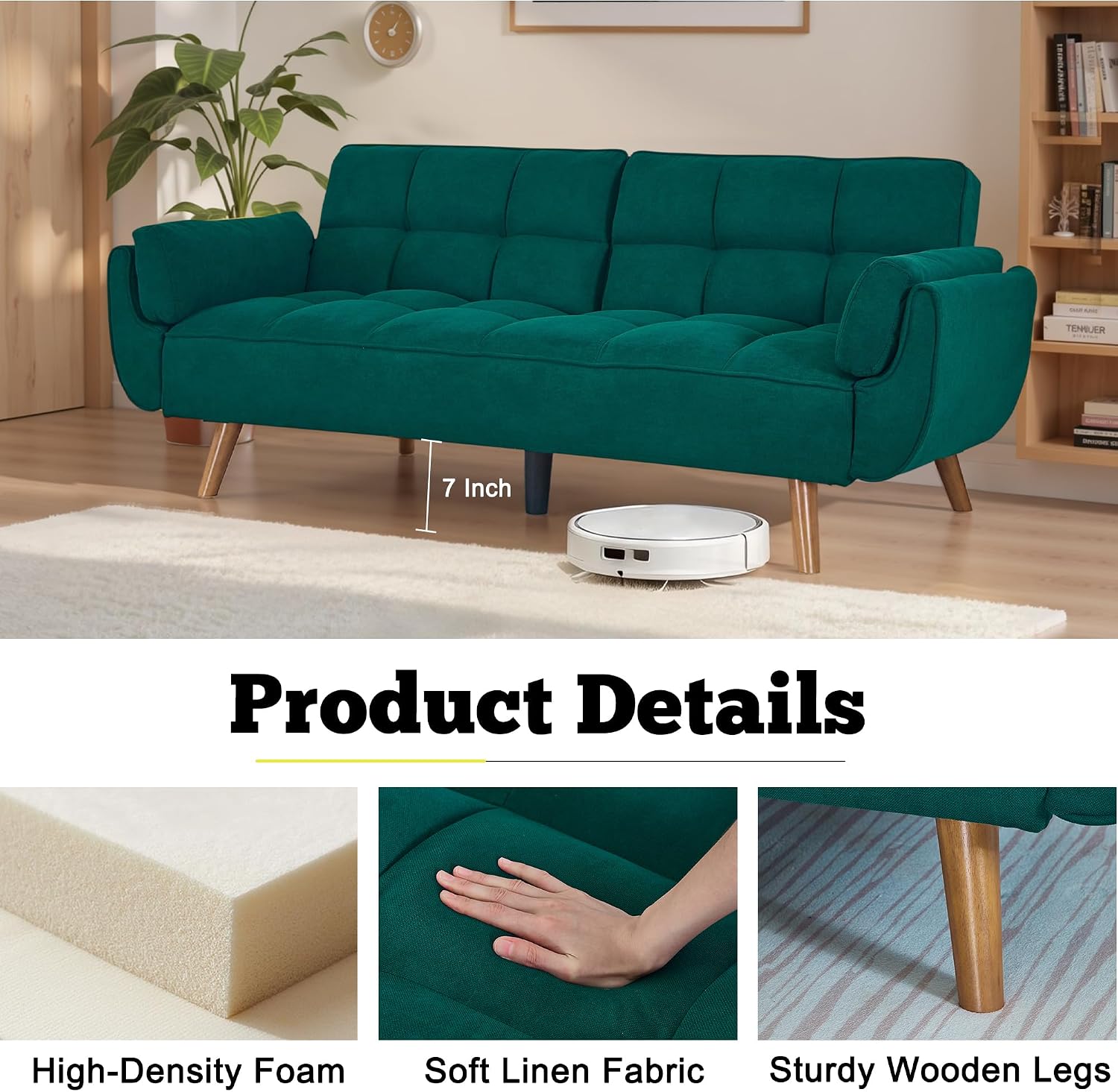 Convertible Futon Couch Bed, Sleeper Sofa Bed with Adjustable Backrests, Linen Loveseat Sofa 3 Seater Comfy Couch for Small Spaces, Living Room, Bedroom(Green, 75')