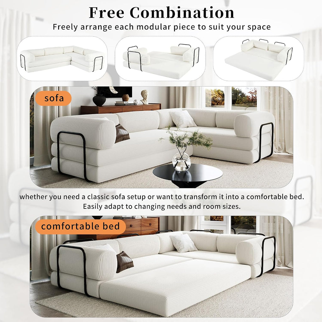 Merax L-Shaped Modular Sofa Bed in Corduroy Fabric, Convertible Sleeper Sofa Bed, 4 Seat Floor Couch for Living Rooms and Apartments, No Assembly Required, Beige