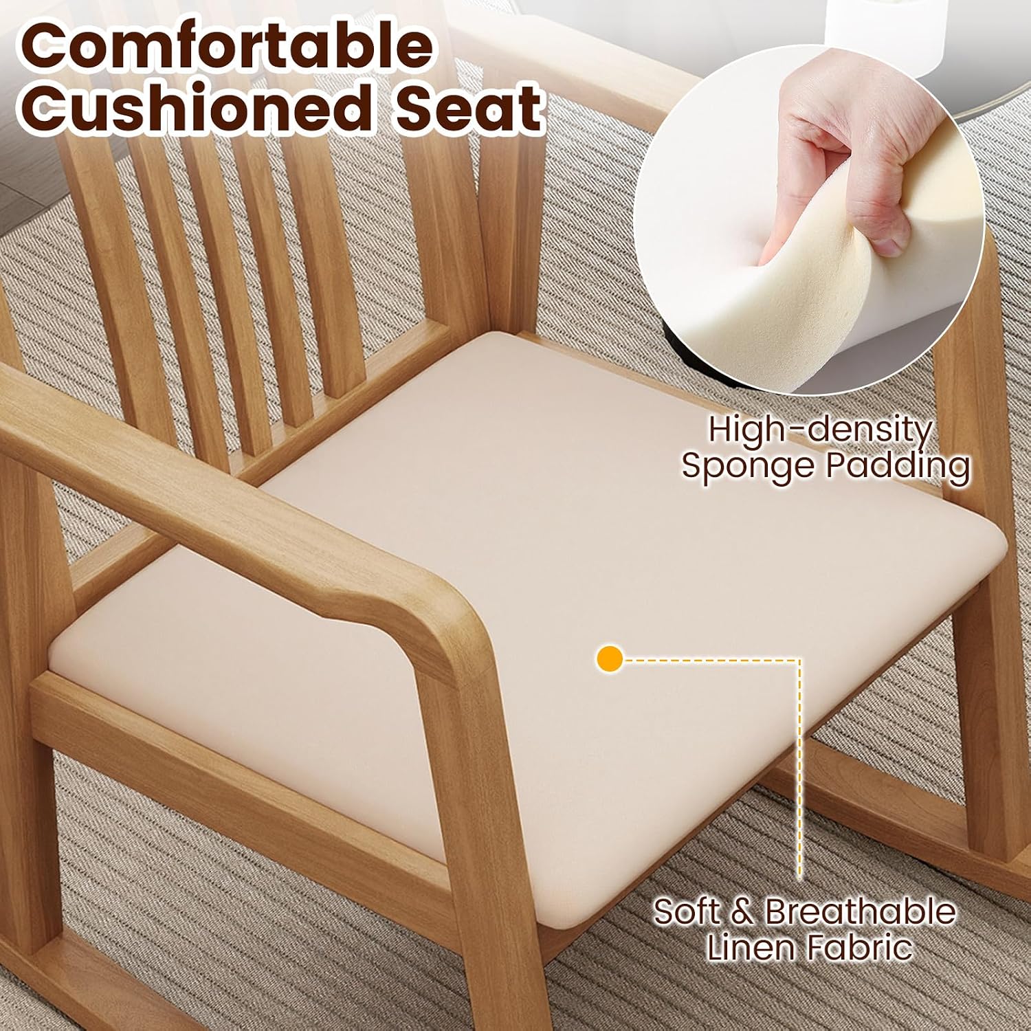Giantex Rocking Chair with Cushioned Seat, Indoor Solid Rubber Wood Rocker Chair w/Slatted Back & Curved Armrests, Wooden Accent Armchair for Living Room, Bedroom, Study, Porch (2,Natural + Beige)