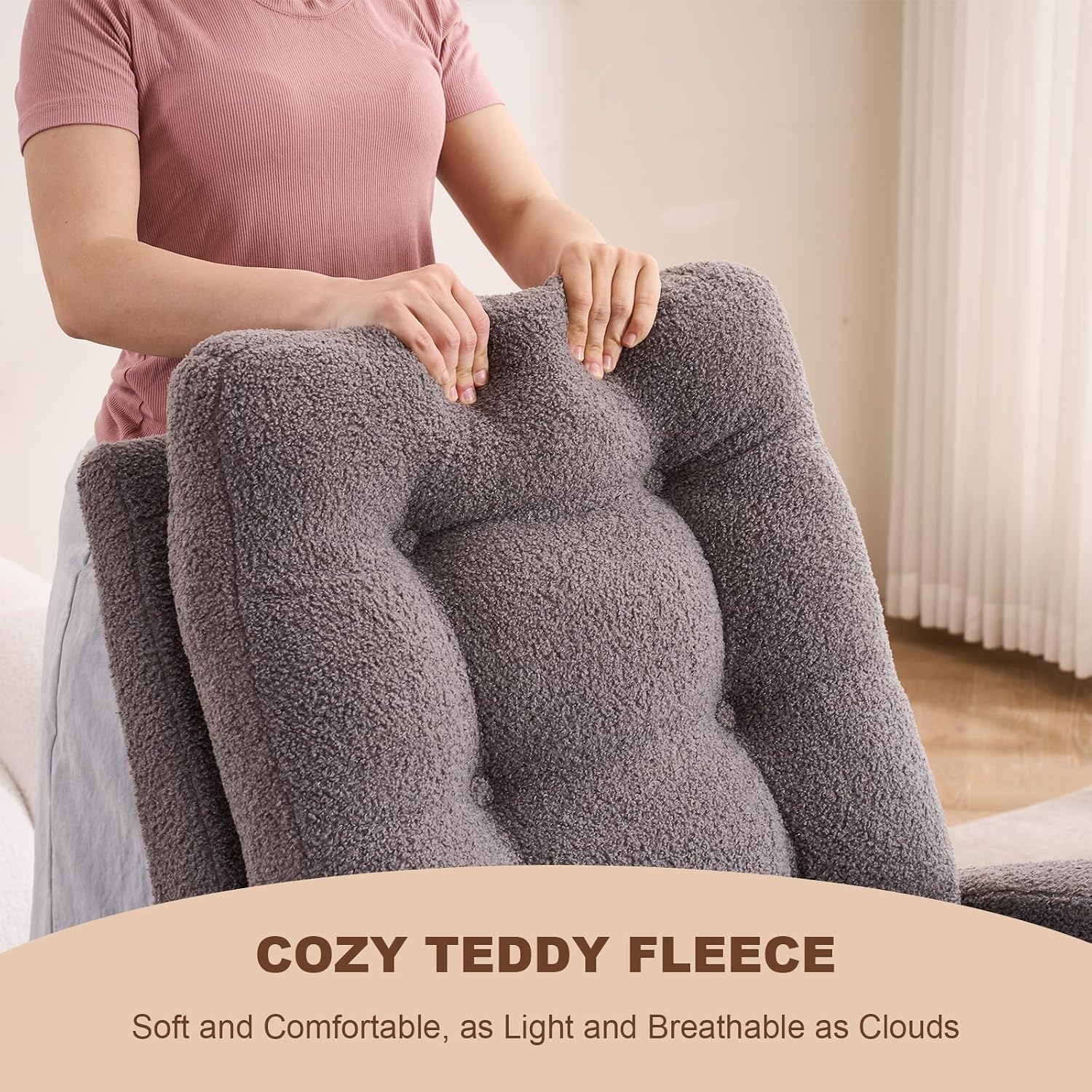 Nursery Rocking Chair,Rubber Wood Base Glider Rocking Chair with Adjustable Footrest and Side Pocket,Teddy Fleece Glider Rocker for Living Room, Bedroom (Teddy Fleece, Dark Gray)