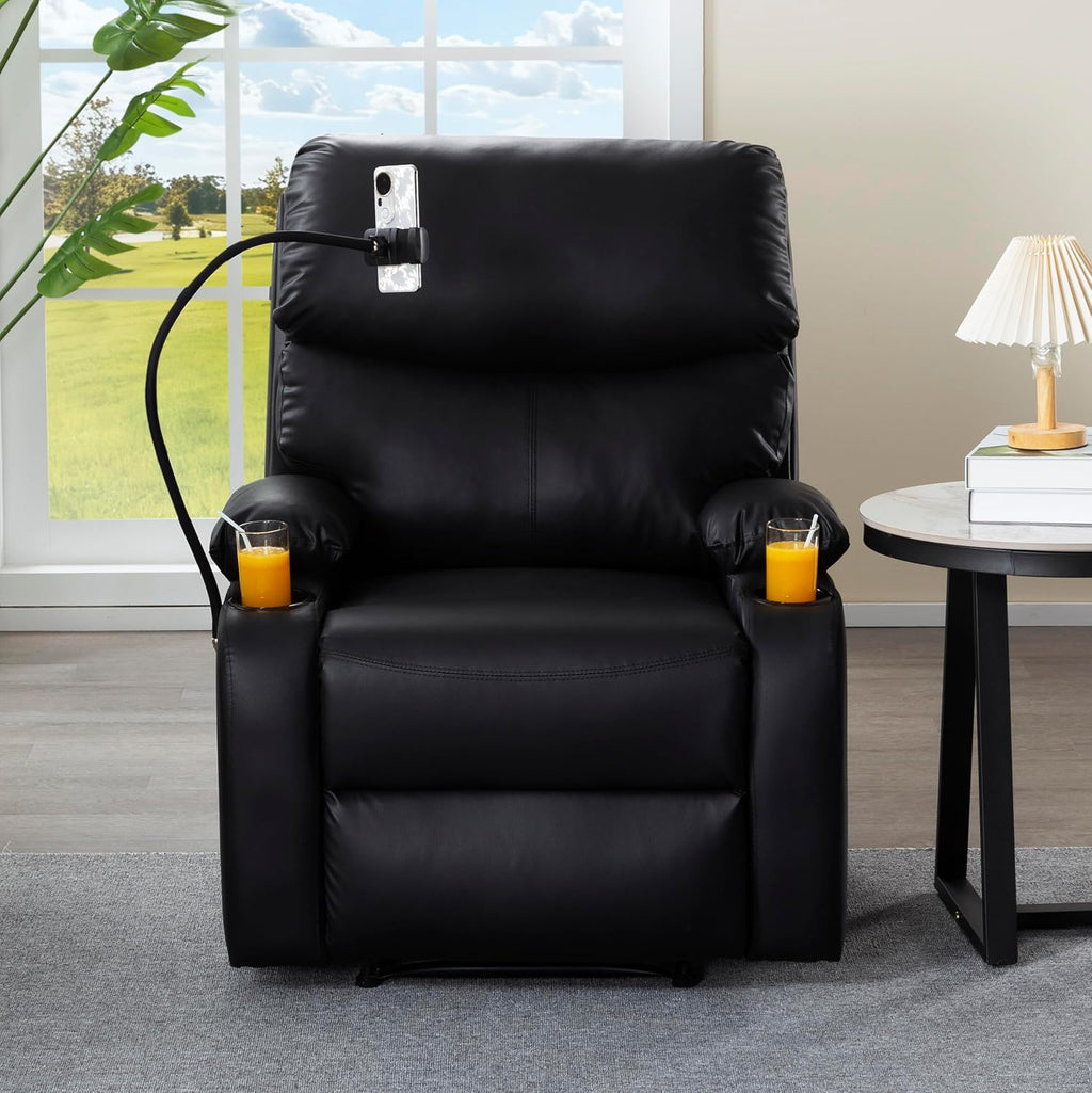 Recliner Chair, Oversized Reclining Chair with Phone Holder & 2 Cup Holders, Leather Wide Rocker Chair for Adults, Single Reclining Sofa Recliner for Living Room, Office, Theater Seating