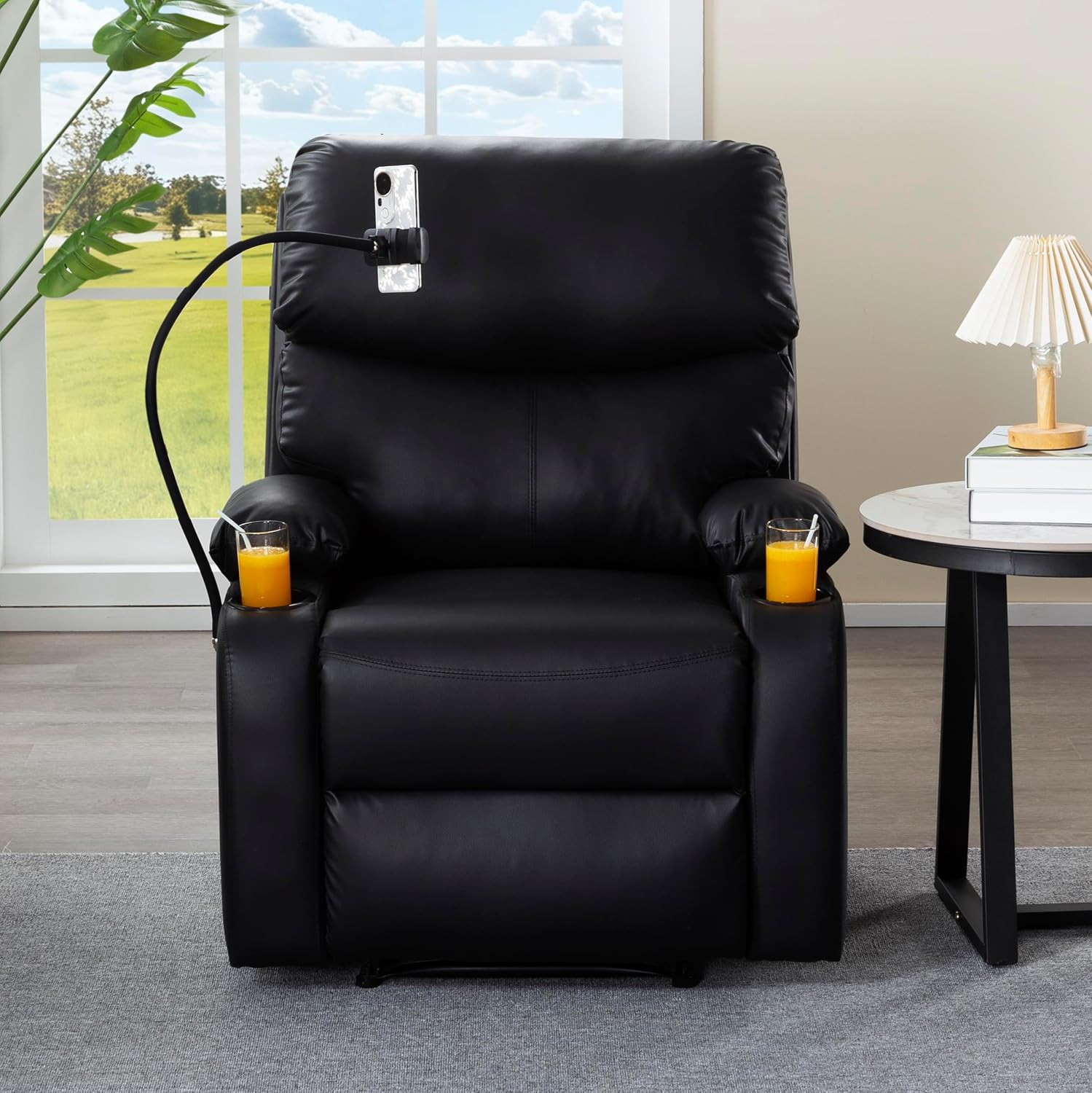 Recliner Chair, Oversized Reclining Chair with Phone Holder & 2 Cup Holders, Leather Wide Rocker Chair for Adults, Single Reclining Sofa Recliner for Living Room, Office, Theater Seating