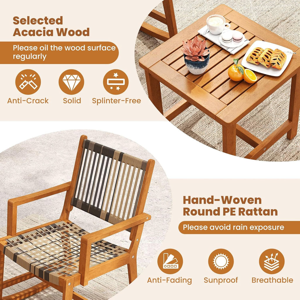 Tangkula 3 Piece Patio Rocking Set, Acacia Wood Rocker Bistro Set w/Rattan Seat & Back, 2 Outdoor Armchairs w/Square Side Table for Porch, Balcony, Backyard