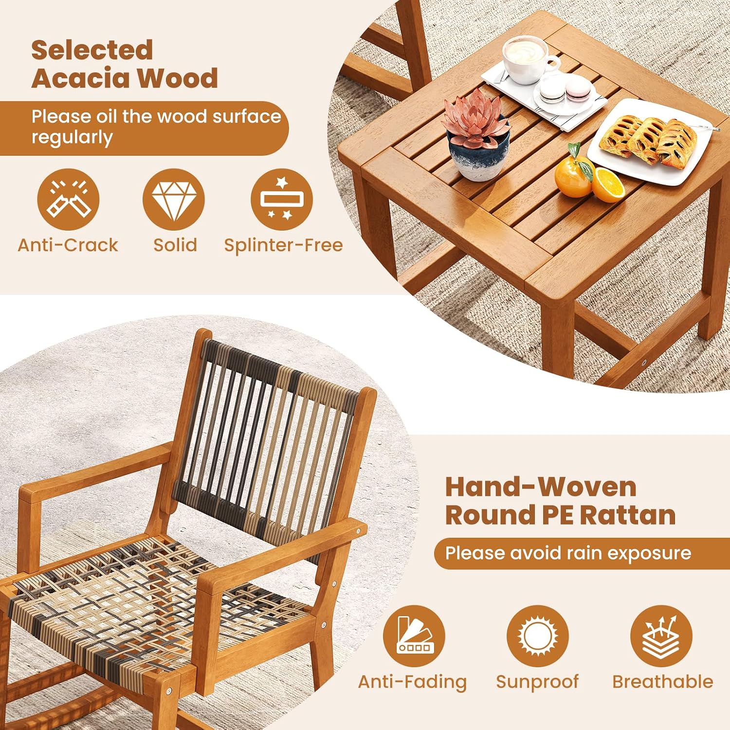 Tangkula 3 Piece Patio Rocking Set, Acacia Wood Rocker Bistro Set w/Rattan Seat & Back, 2 Outdoor Armchairs w/Square Side Table for Porch, Balcony, Backyard