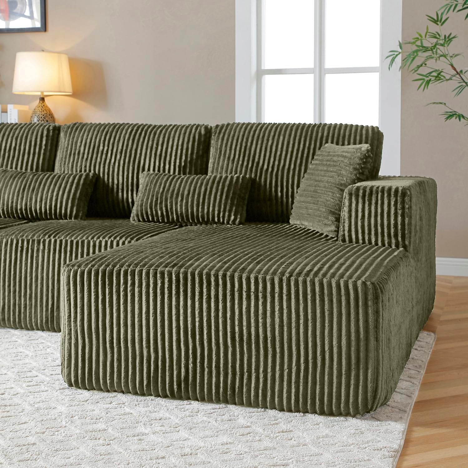 110' Cloud Couch Sectional, L Shaped Boneless Couch Sectional Couches for Living Room, Modern Comfy Corduroy Fluffy Modular Sofa with Deep Seat, No Assembly (Green, Right Facing Chaise)