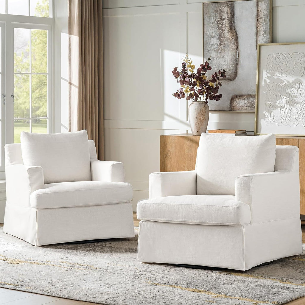 HULALA HOME Swivel Rocker Chairs Set of 2 with Solid Wood Frame, Farmhouse Swivel Rocking Accent Chairs with Washable Slipcover, Upholstered Barrel Armchairs Down Blend Back and Seat Cushions, White