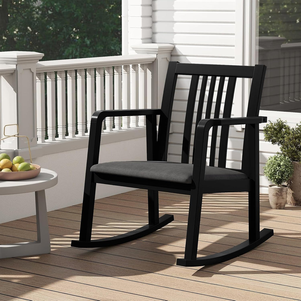 Giantex Rocking Chair with Cushioned Seat, Indoor Solid Rubber Wood Rocker Chair w/Slatted Back & Curved Armrests, Wooden Accent Armchair for Living Room, Bedroom, Study, Porch (2,Black + Gray)