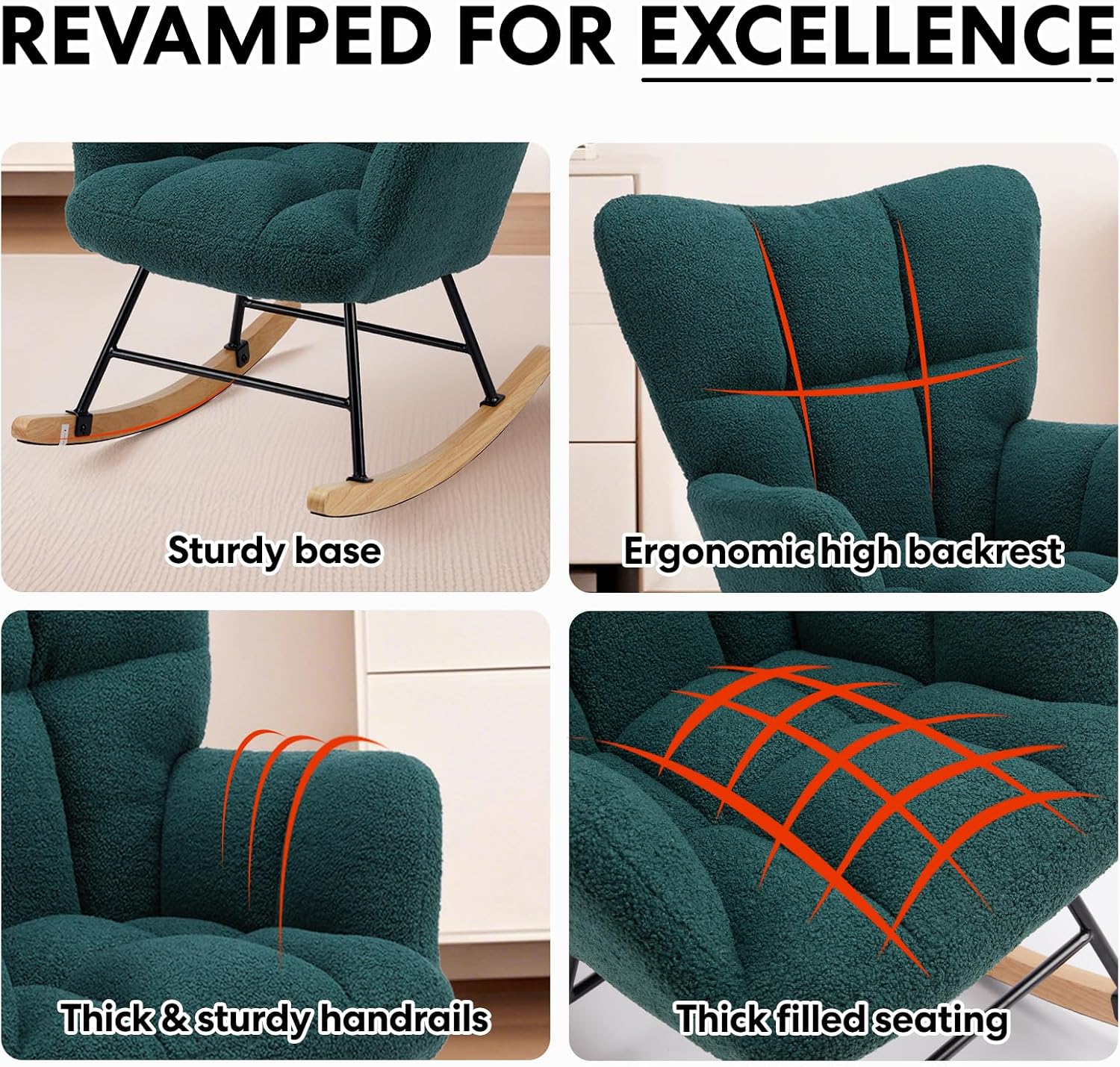 YSSOA Rocking Chair Nursery Teddy - Upholstered Comfy Glider Rocker with High Back Armchair, Cozy Reading Recliner Fluffy Comfortable Chair for Bedroom, Baby Room, Living Room and Study, Green