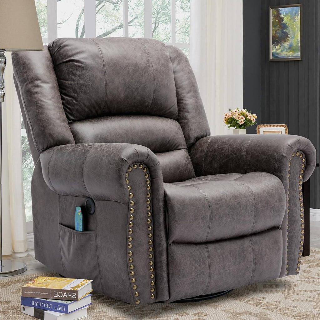 VIVIJASON Massage Swivel Rocker Recliner Chair with Heat & Vibration, 360° Swivel Manual Glider Rocking Reclining Chair with Remote Control, Side Pockets & USB Ports for Living Room, Smoky Gray