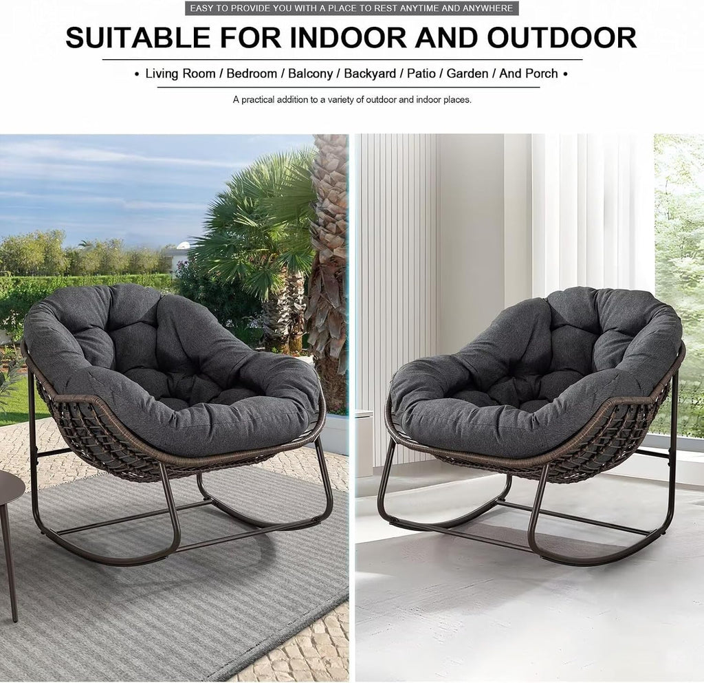 Outdoor Papasan Rocking Chair, Patio Oversized Wicker Egg Rocking Chair, Indoor & Outdoor Comfy Rocker Chair with Thick Cushion, Modern Lounge Chair for Front Porch, Garden, Backyard, Grey
